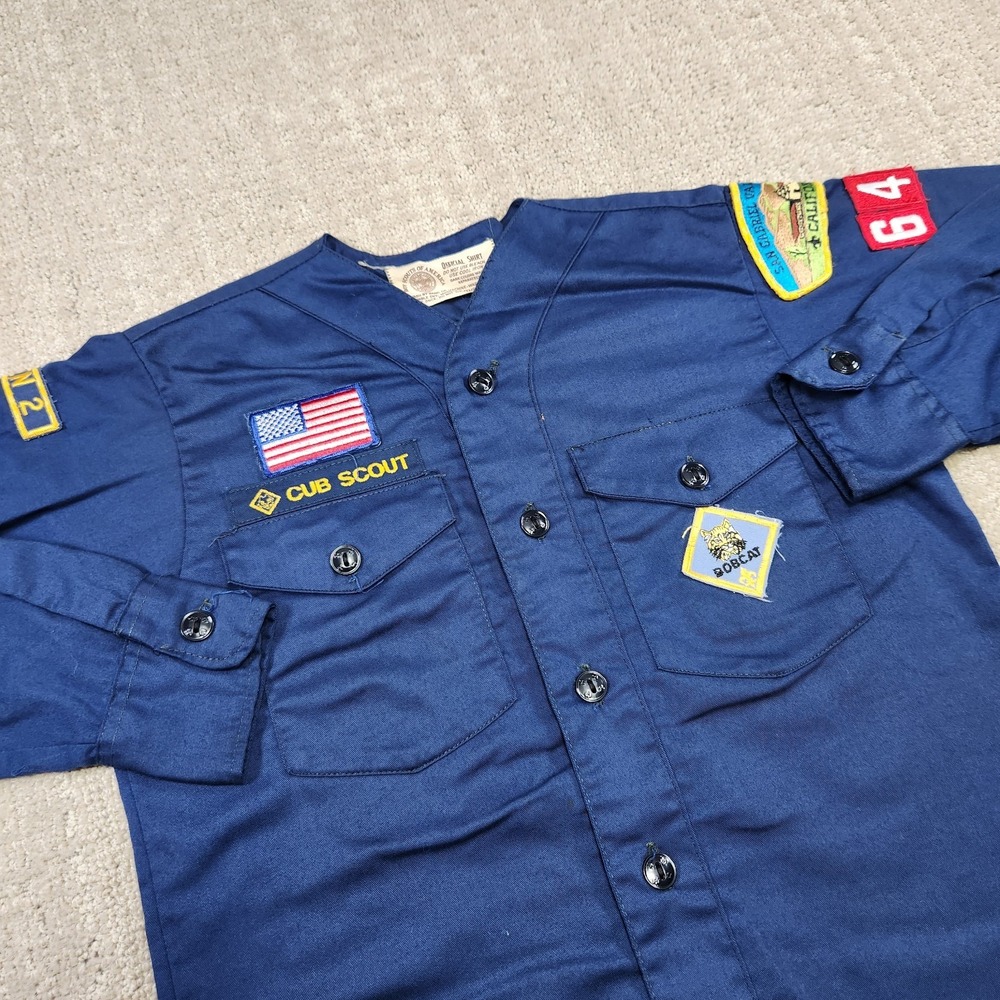 Vintage 60s 70s Boy Scouts Shirt Boy Neck 12 Youth Large Permanent Press Blue
